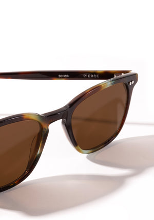 PIERCE | Blue Havana Handcrafted, luxury brown and blue tortoise acetate square KREWE sunglasses womens model