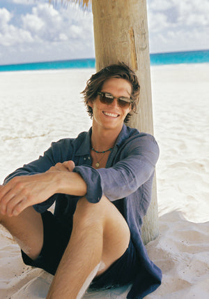 PIERCE | Sandstone Handcrafted, luxury beige and clear acetate square  KREWE sunglasses mens model | Model: Drew