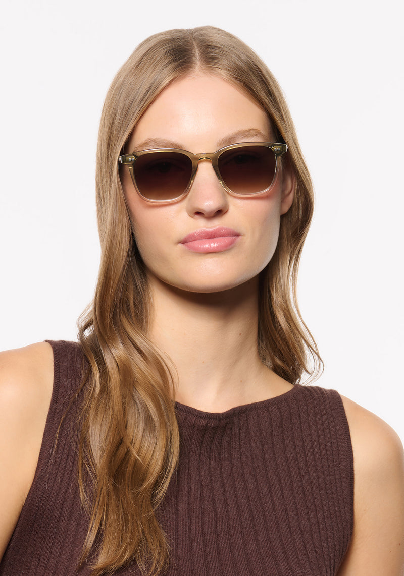 PIERCE | Sandstone Handcrafted, luxury beige and clear acetate square  KREWE sunglasses womens model | Model: Isa