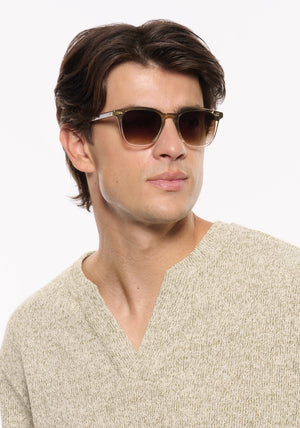 PIERCE | Sandstone Handcrafted, luxury beige and clear acetate square  KREWE sunglasses mens model | Model: Brent