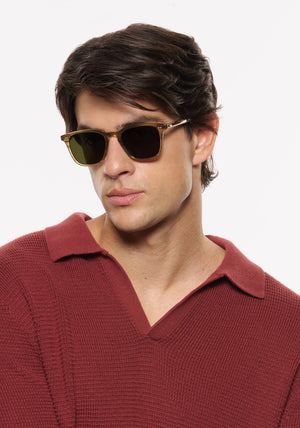 PIERCE | Umber Polarized Handcrafted, luxury light brown acetate square polarized KREWE sunglasses mens model | Model: Brent