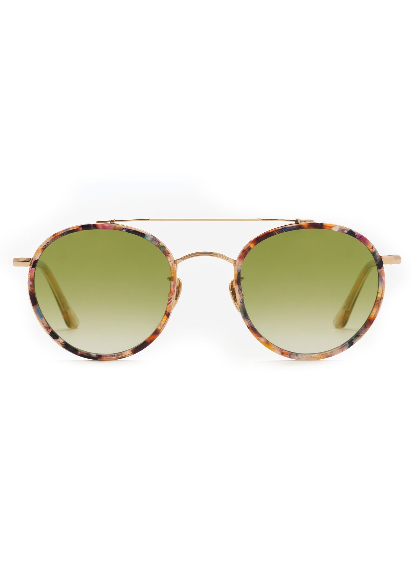 KREWE SUNGLASSES - PORTER | 18K Titanium + Capri + Petal + Custom Vanity Tint handcrafted luxury round colorful sunglasses with green tinted lenses
