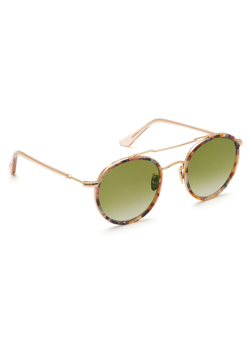 KREWE SUNGLASSES - PORTER | 18K Titanium + Capri + Petal + Custom Vanity Tint handcrafted luxury round colorful sunglasses with green tinted lenses