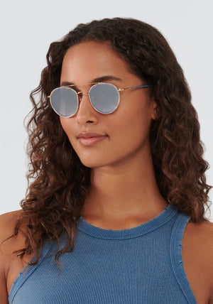 PORTER | 18K Titanium + Opaline Mirrored Handcrafted, Luxury blue acetate KREWE sunglasses womens model | Model: Meli