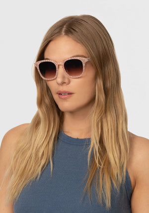 PRYTANIA | Micro Plaid Handcrafted, luxury light pink checkered acetate KREWE sunglasses womens model | Model: Maritza