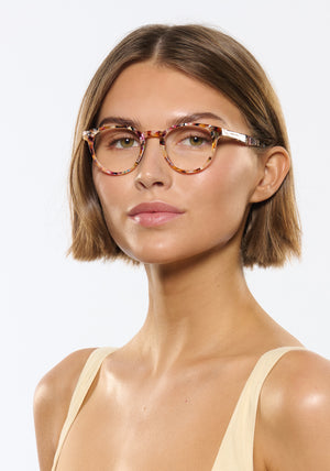 QUINN | Capri Handcrafted, luxury multicolored tortoise acetate round KREWE eyeglasses womens model | Model: Michelle
