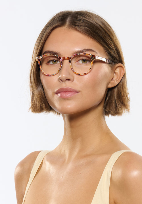 QUINN | Capri Handcrafted, luxury multicolored tortoise acetate round KREWE eyeglasses womens model | Model: Michelle