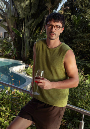 QUINN | Havana Handcrafted, luxury brown tortoise acetate round KREWE eyeglasses mens model | Model: Jacob