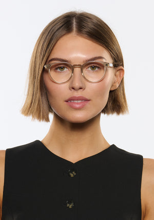 QUINN | Mirage Handcrafted, luxury grey acetate round KREWE eyeglasses womens model | Model: Michelle