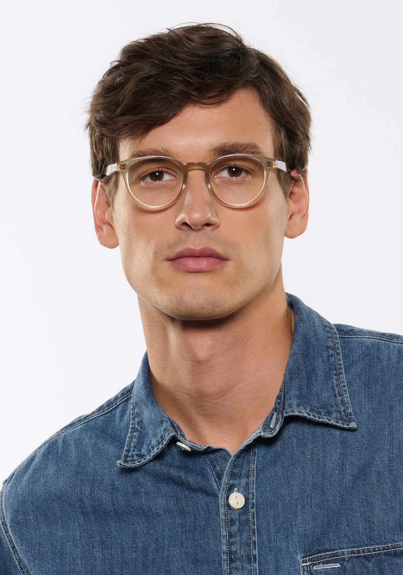 QUINN | Mirage Handcrafted, luxury grey acetate round KREWE eyeglasses mens model | Model: Jegor