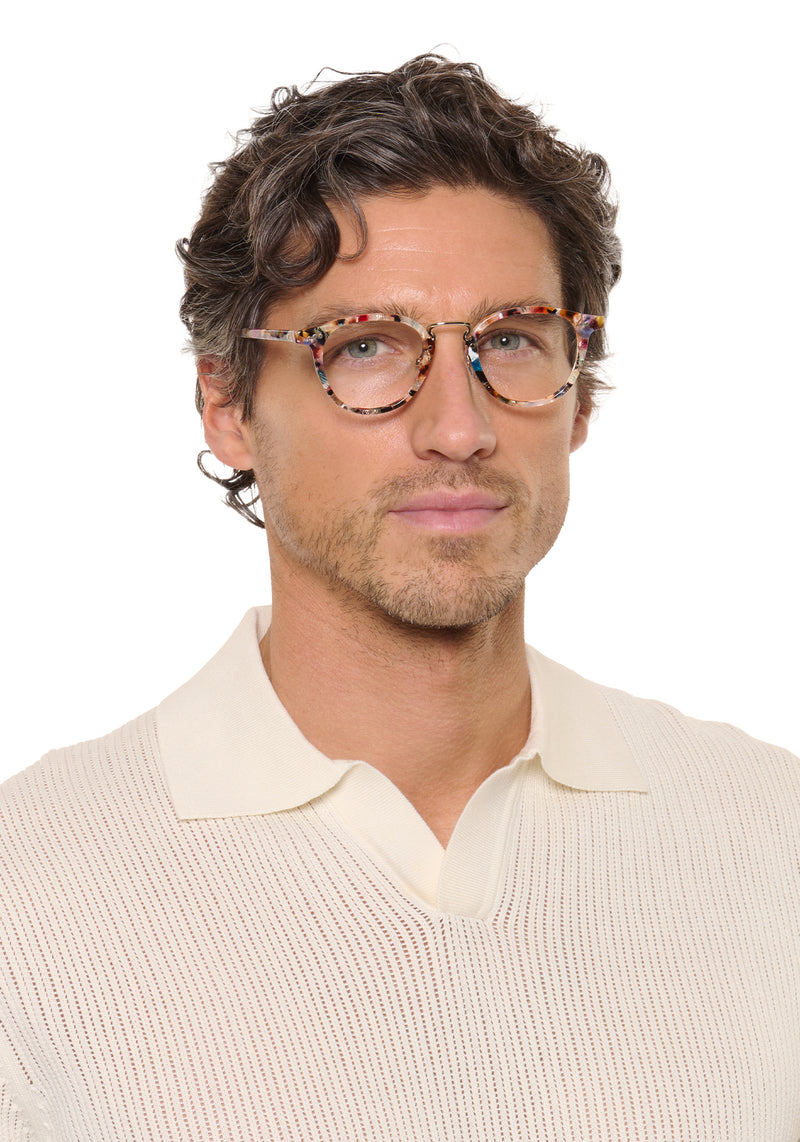 RILEY | Amalfi 12K Handcrafted, luxury multicolored acetate round KREWE eyeglasses with 12K stainless steel hardware mens model | Model: Ryan