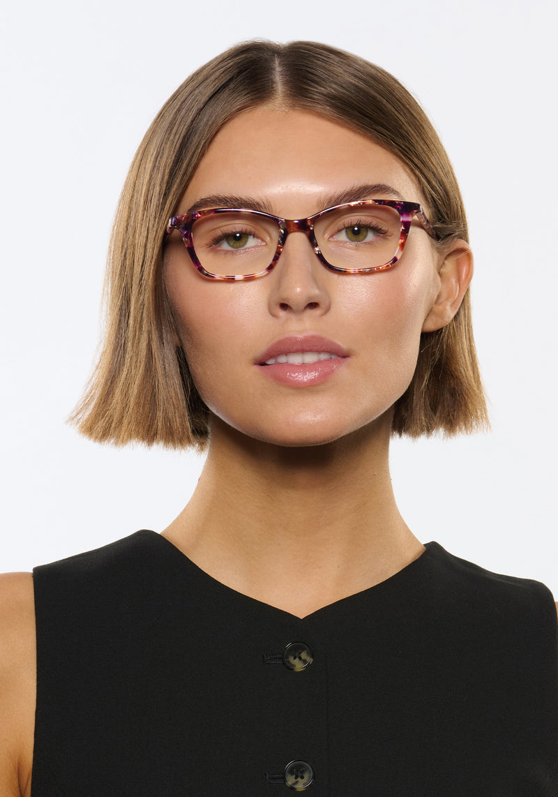 KREWE - RAMONA | Stardust Handcrafted, luxury pink and red acetate eyeglasses womens model | Model: Michelle