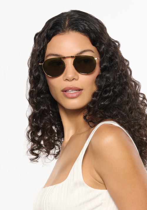 RAMPART FOLD | 18K + Crystal Polarized, Handcrafted Luxury Foldable KREWE Sunglasses womens model | Model: Jessika
