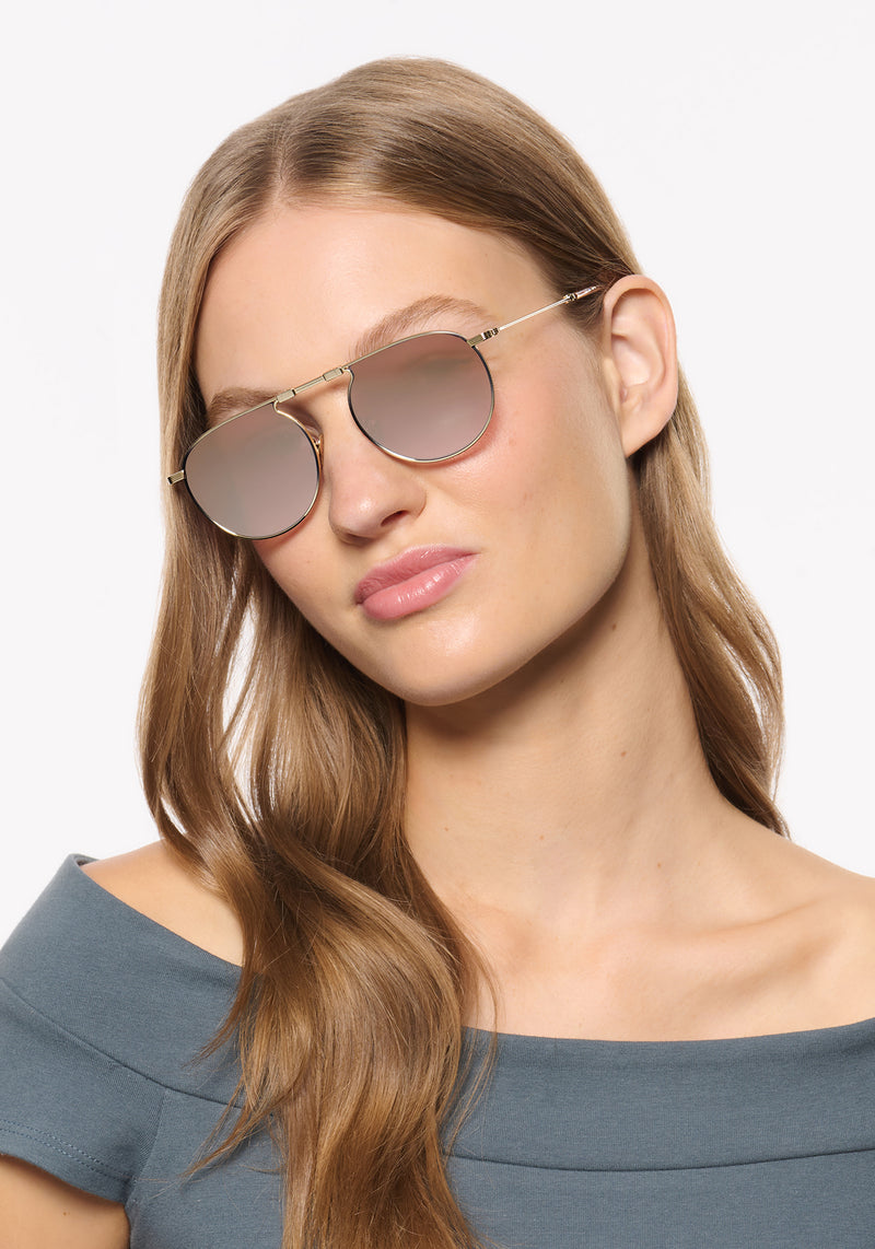 RAMPART FOLD |12K Matte Black Fade + Maple Mirrored Handcrafted, luxury stainless steel round folding aviator KREWE sunglasses womens model | Model: Isa