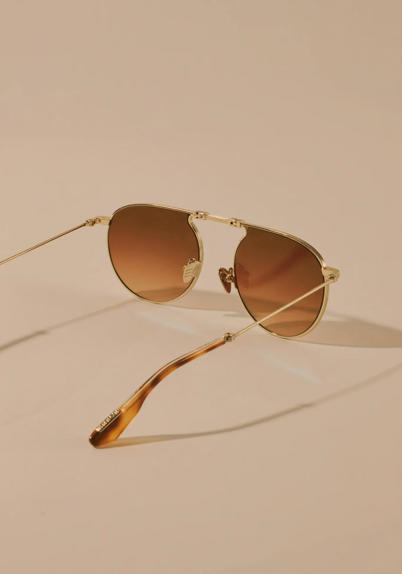 RAMPART FOLD |12K Matte Black Fade + Maple Mirrored Handcrafted, luxury stainless steel round folding aviator KREWE sunglasses