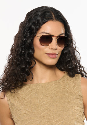 RAMPART FOLD | 18K + Matte Black Fade + Poppy Noir Handcrafted, luxury stainless steel round folding aviator KREWE sunglasses womens model | Model: Jessika