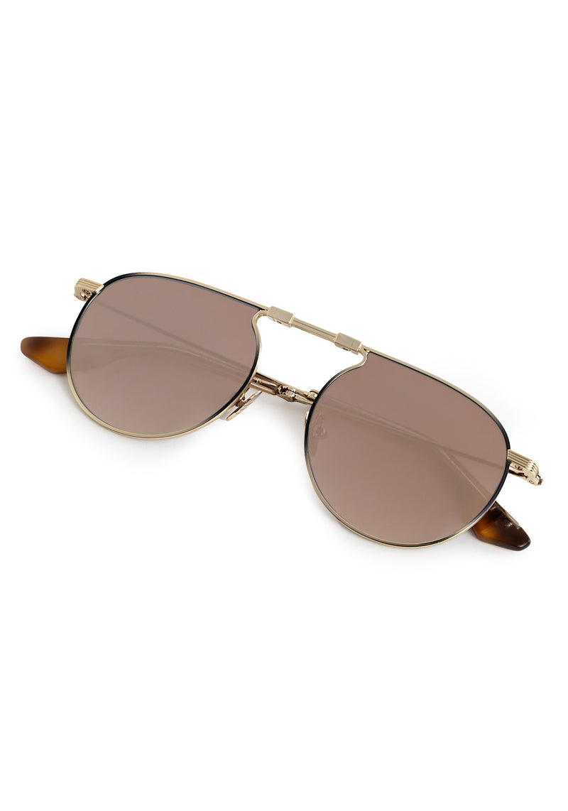 RAMPART FOLD |12K Matte Black Fade + Maple Mirrored Handcrafted, luxury stainless steel round folding aviator KREWE sunglasses