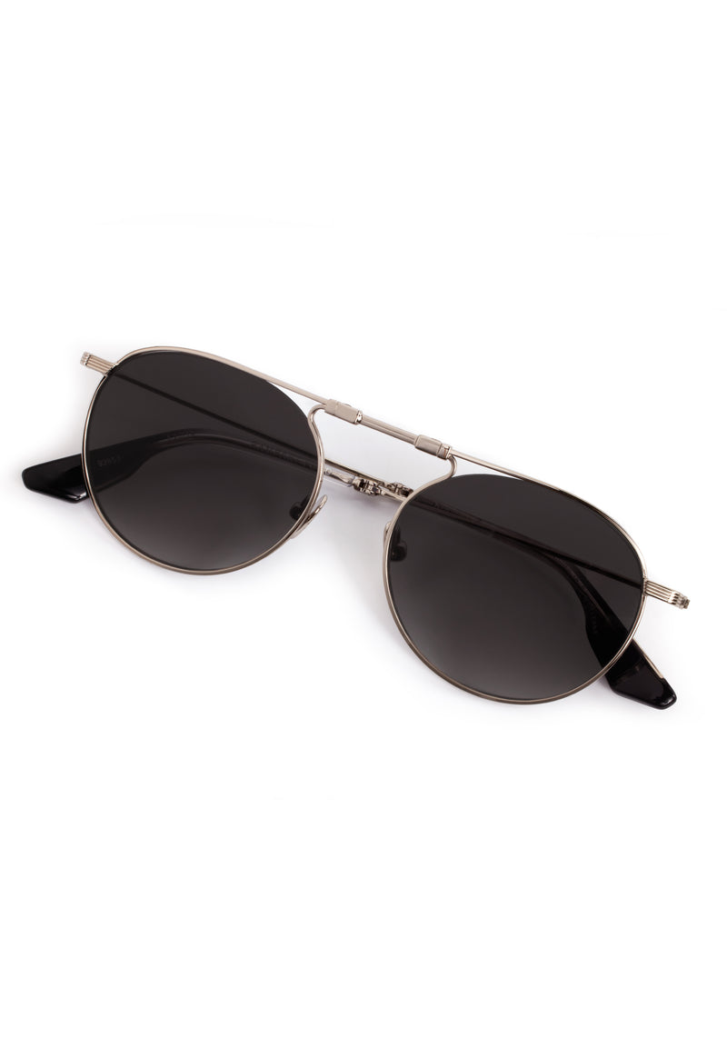 RAMPART FOLD | Silver + Nightfall Handcrafted, luxury black stainless steel round folding aviator KREWE sunglasses