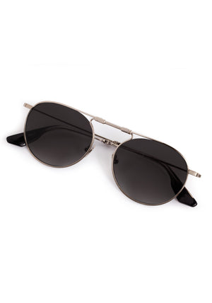 RAMPART FOLD | Silver + Nightfall Handcrafted, luxury black stainless steel round folding aviator KREWE sunglasses