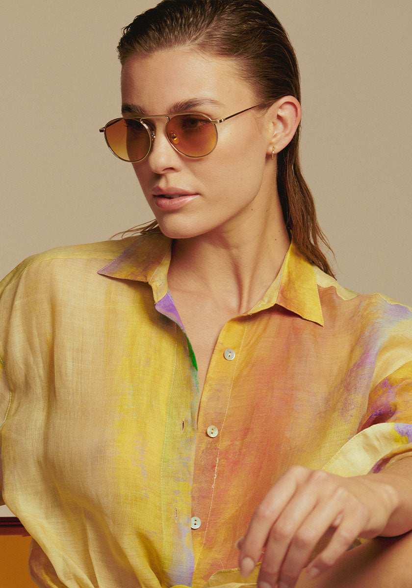 KREWE GLASSES - RAMPART OPTICAL | 12K + Blonde + Custom Vanity Tint handcrafted, luxury metal eyeglasses with orange gradient tinted lenses womens model | Model: Keke