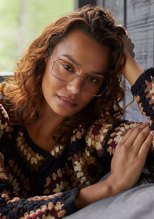 KREWE GLASSES - REYNOLDS | Matte Black Fade + 18K Titanium handcrafted, luxury 18K Gold metal aviator glasses womens model campaign | Model: Sammy