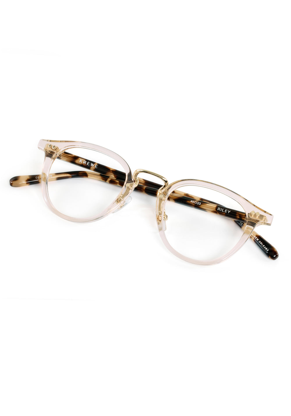RILEY | Buff Handcrafted, luxury clear acetate round KREWE eyeglasses with 12K stainless steel hardware