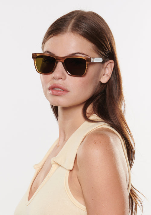 RORY | Umber Handcrafted, luxury tan brown acetate large square rectangular KREWE sunglasses womens model | Model: Katie