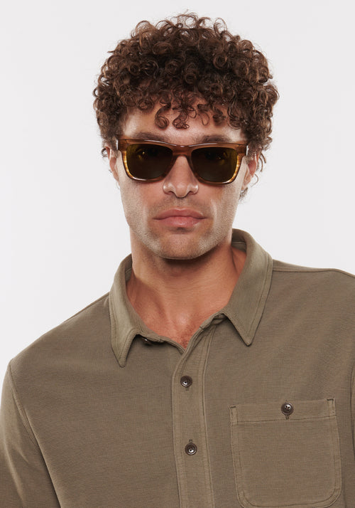 RORY | Umber Handcrafted, luxury tan brown acetate large square rectangular KREWE sunglasses mens model | Model: Miguel