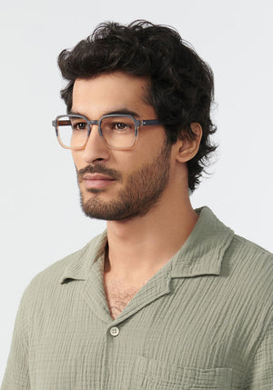 RUFFIN | Matte Comet + Twilight Handcrafted, Navy and Yellow Split Acetate KREWE Eyeglasses mens model | Model: Mo