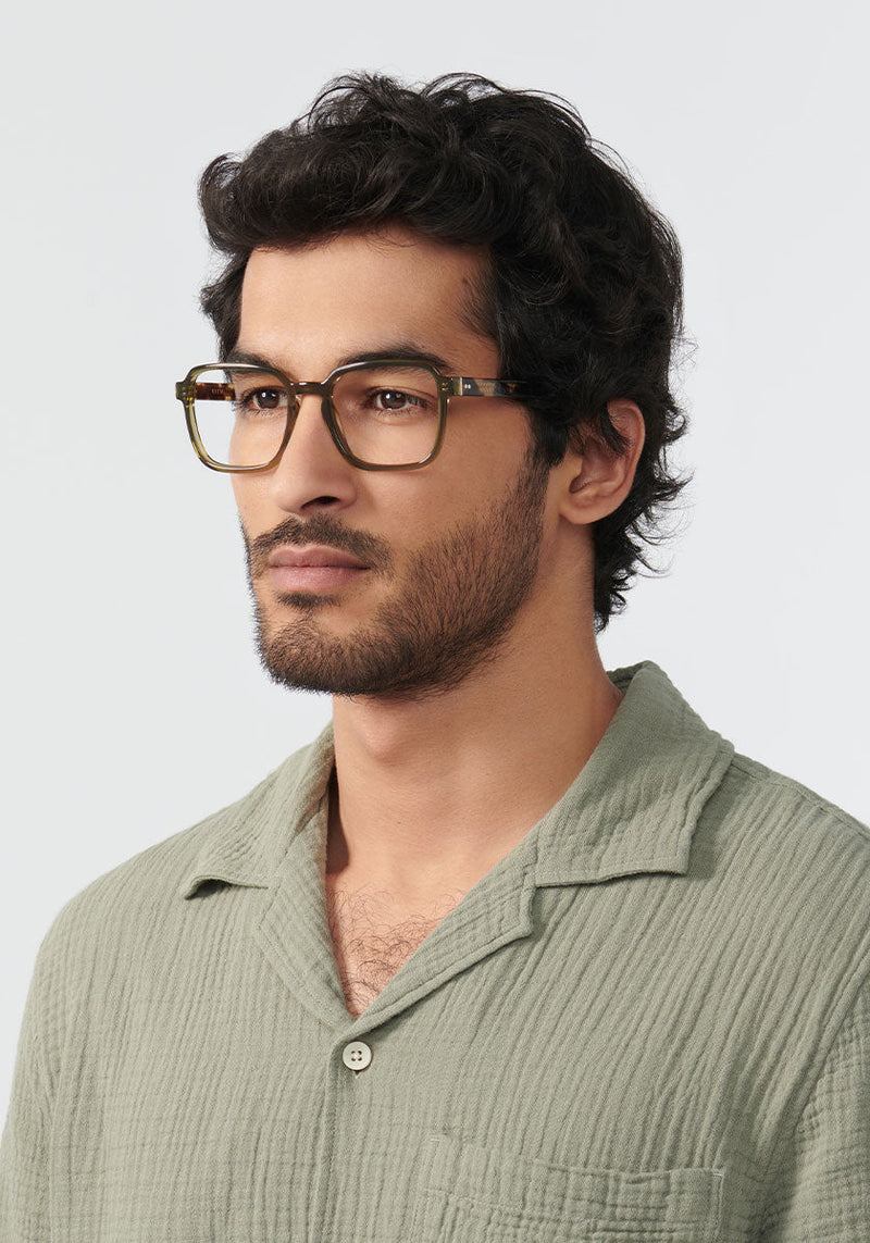 RUFFIN | Ash + Chai Handcrafted, Green and Tortoise Shell Acetate KREWE Eyeglasses mens model | Model: Mo