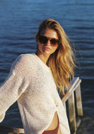 RYDER | Blonde Venezia Handcrafted, luxury brown tortoise acetate large rectangular aviator KREWE sunglasses womens model | Model: Emily G.