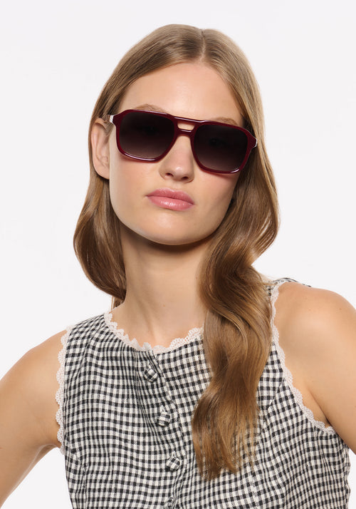 RYDER | Brandy Handcrafted, luxury burgundy acetate large rectangular aviator KREWE sunglasses womens model | Model: Isa