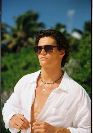RYDER | Brandy Handcrafted, luxury burgundy acetate large rectangular aviator KREWE sunglasses mens model | Model: Drew
