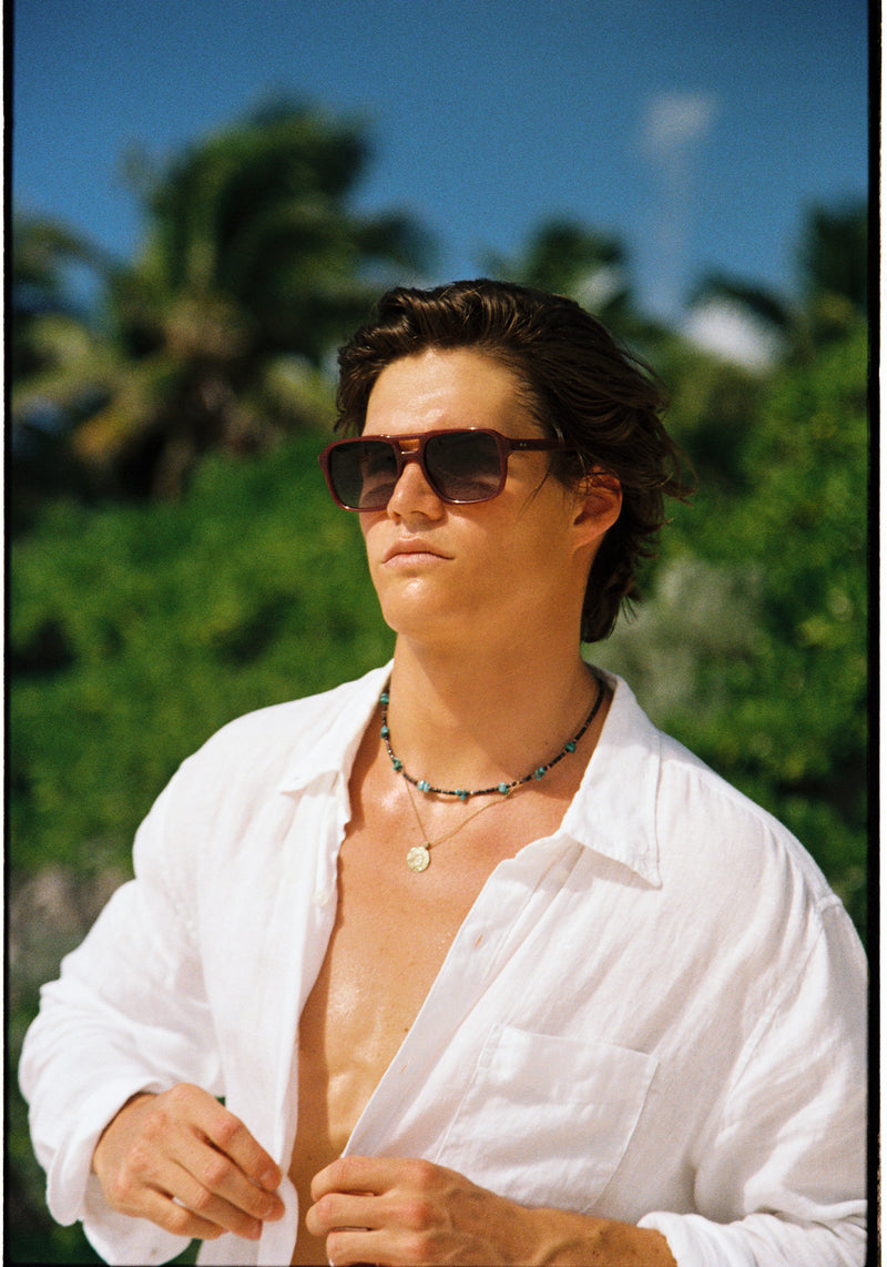RYDER | Brandy Handcrafted, luxury burgundy acetate large rectangular aviator KREWE sunglasses mens model | Model: Drew