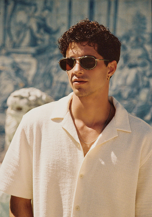 DALLAS | 12K Titanium + Hemlock Tortoise Handcrafted, luxury green tortoise acetate KREWE aviator sunglasses with gold plated titanium hardware mens model | Model: Mateo