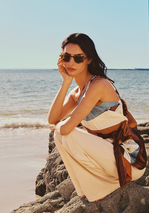 JORDAN | Nikko Tortoise + 12K Polarized Handcrafted, luxury brown tortoise acetate KREWE aviator sunglasses womens model | Model: Patricia