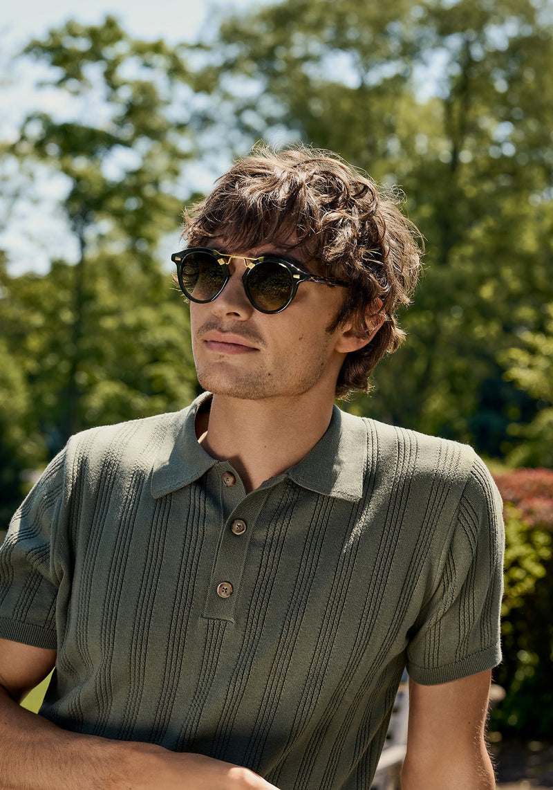 STL II | Bottle Green + Zulu 24K Handcrafted, luxury, green Acetate KREWE Michael Phelps Sunglasses mens model campaign | Model: Liam
