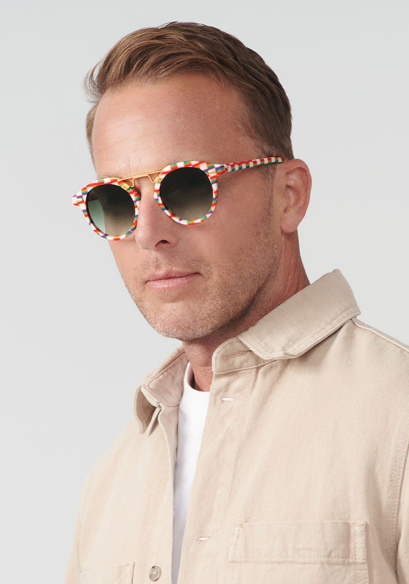 KREWE SUNGLASSES - STL II | Amore 24K handcrafted, luxury rainbow checkered acetate sunglasses. Limited Edition gay pride collection mens model | Model: Tim