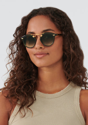 STL II | Bottle Green + Zulu 24K Handcrafted, luxury, green Acetate KREWE Sunglasses womens model | Model: Meli