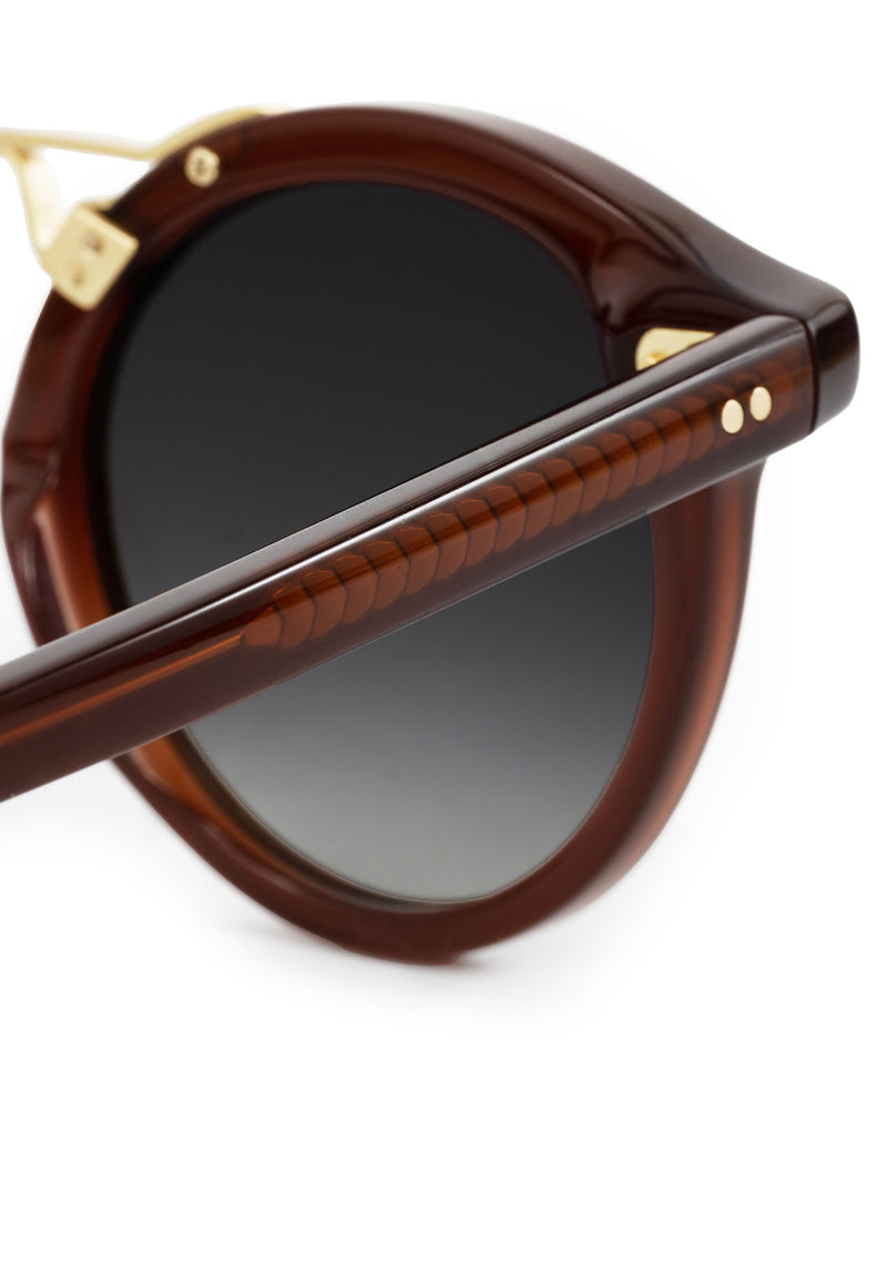 STL II | Espresso 18K Handcrafted, large round luxury dark brown acetate and 18K gold metal bridge KREWE sunglasses womens model