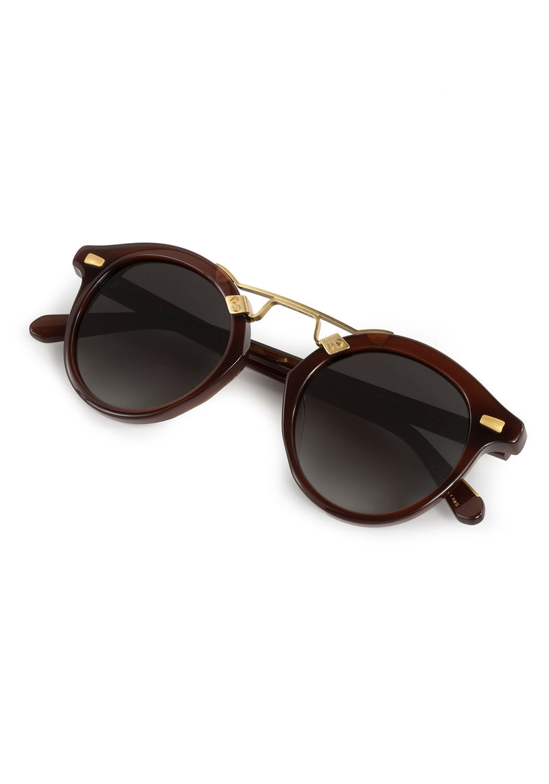 STL II | Espresso 18K Handcrafted, large round luxury dark brown acetate and 18K gold metal bridge KREWE sunglasses 