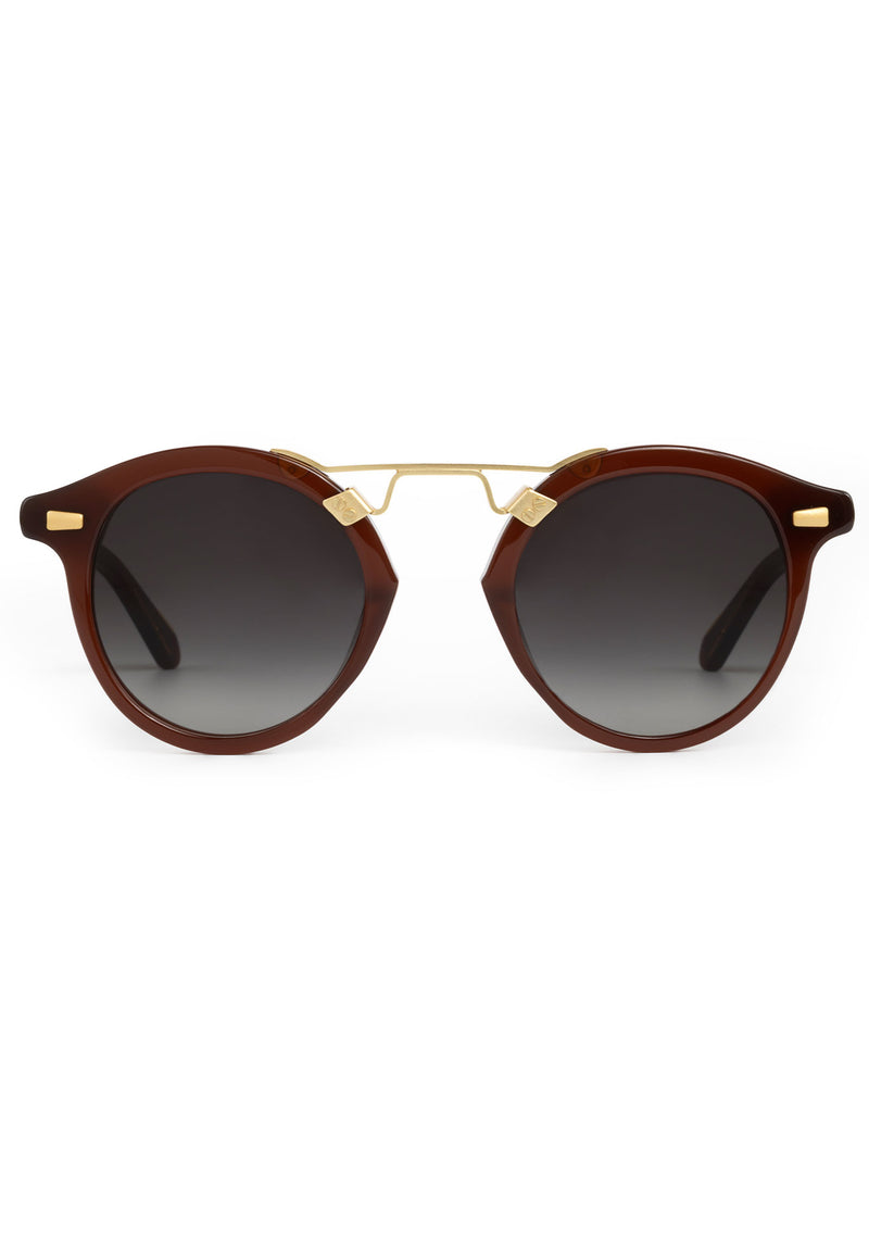 STL II | Espresso 18K Handcrafted, large round luxury dark brown acetate and 18K gold metal bridge KREWE sunglasses 