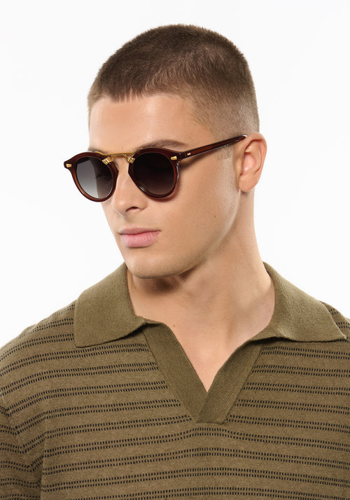 STL II | Espresso 18K Handcrafted, large round luxury dark brown acetate and 18K gold metal bridge KREWE sunglasses mens model | Model: Joey