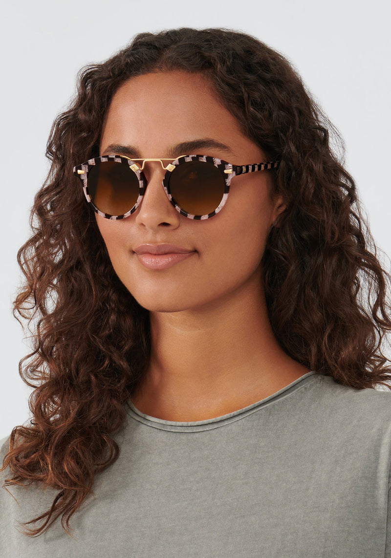 STL II | Harlequin 18K Handcrafted, luxury, black and pink checkered Acetate KREWE Sunglasses womens model | Model: Meli