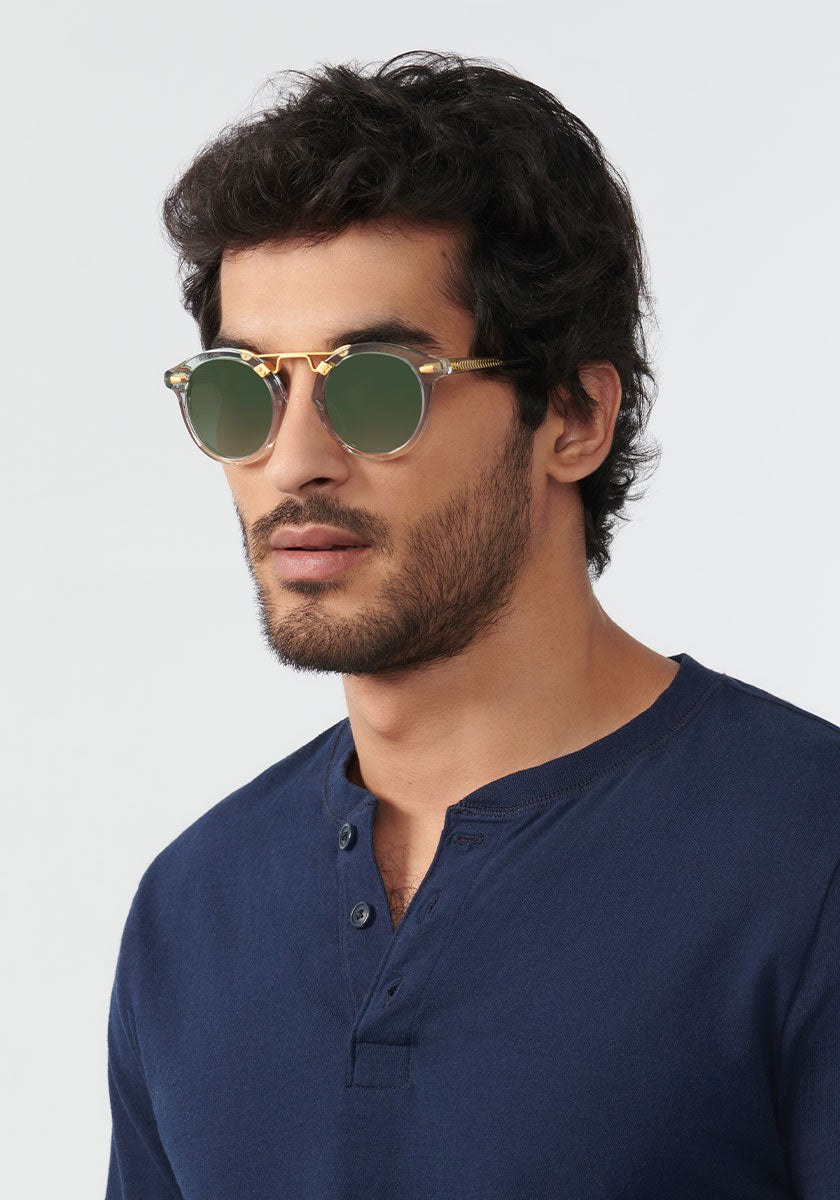 STL II | Lagoon 24K Mirrored Handcrafted, luxury transparent blue tinted acetate KREWE sunglasses mens model | Model: Mo