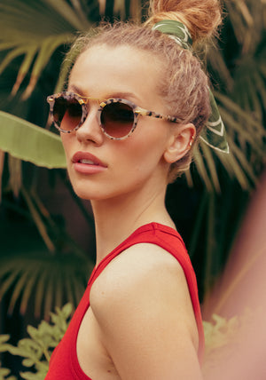 STL II | Matte Oyster 24K handcrafted, luxury tortoise shell acetate KREWE sunglasses womens model campaign | Model: Tanya