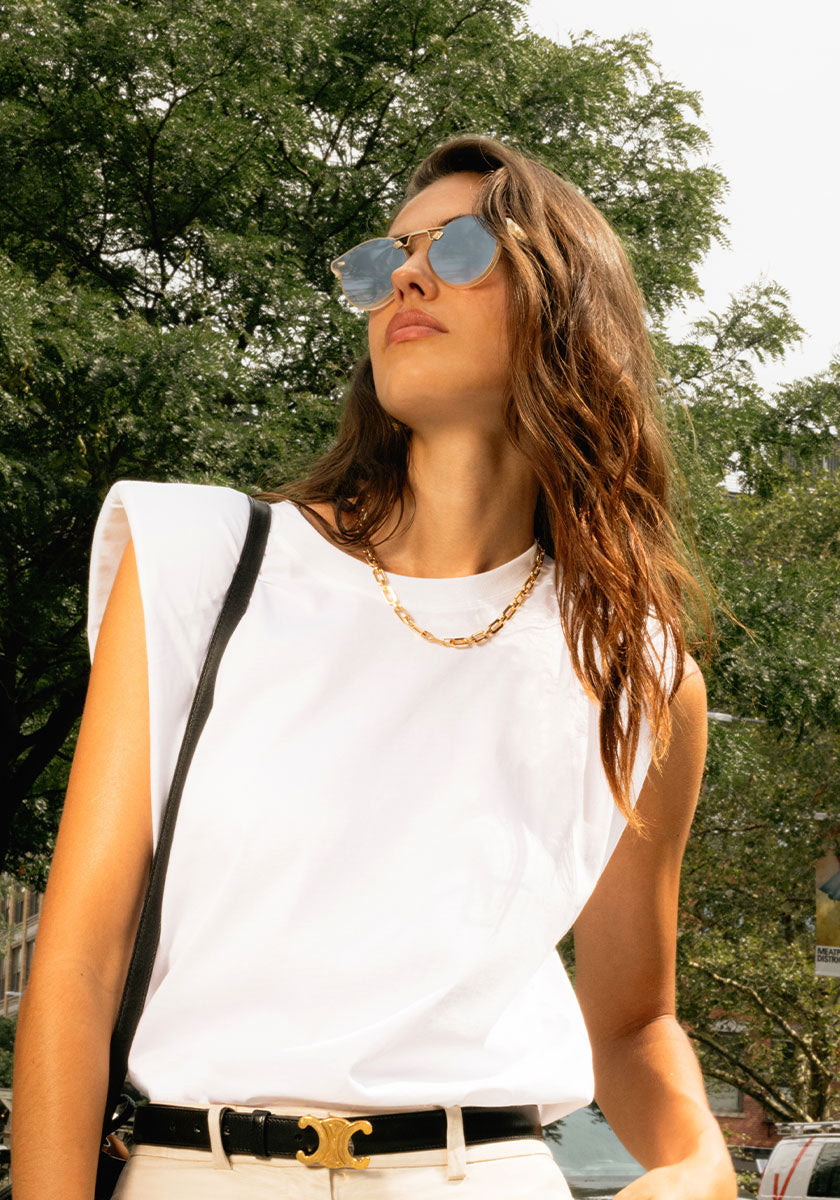 STL NYLON | Blonde 12k Mirrored Handcrafted, acetate sunglasses womens model campaign | Model: Ainhoa