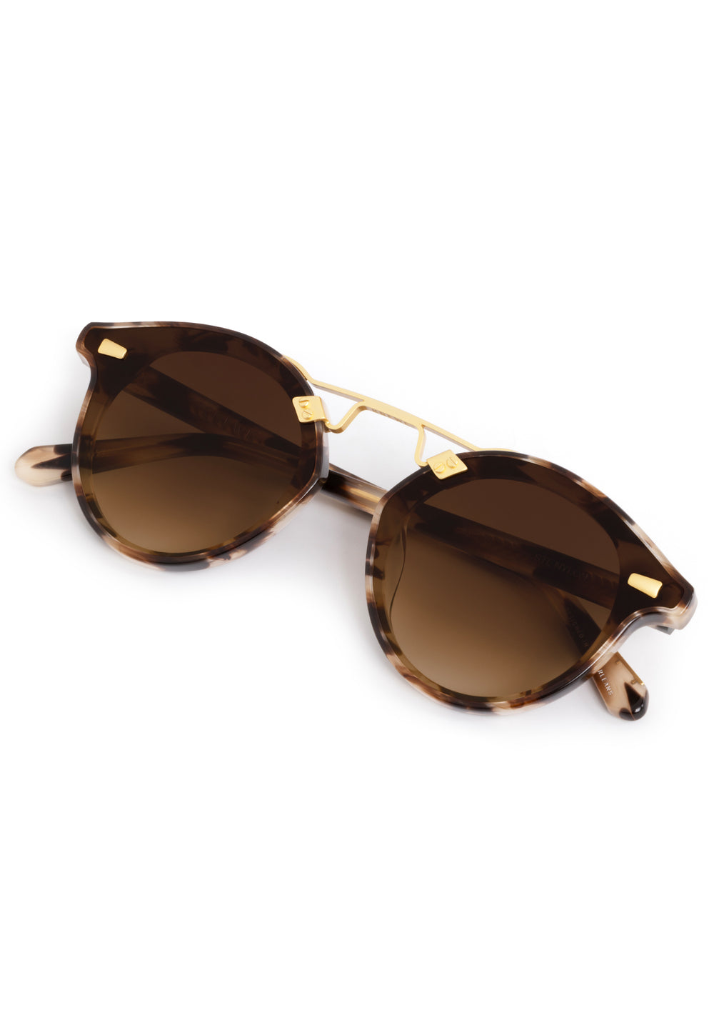 STL NYLON | Blonde Venezia 18K Handcrafted, luxury brown tortoise acetate round KREWE sunglasses with flat edge to edge nylon lens and 18k gold metal bridge