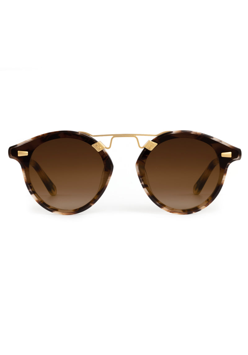 STL NYLON | Blonde Venezia 18K Handcrafted, luxury brown tortoise acetate round KREWE sunglasses with flat edge to edge nylon lens and 18k gold metal bridge
