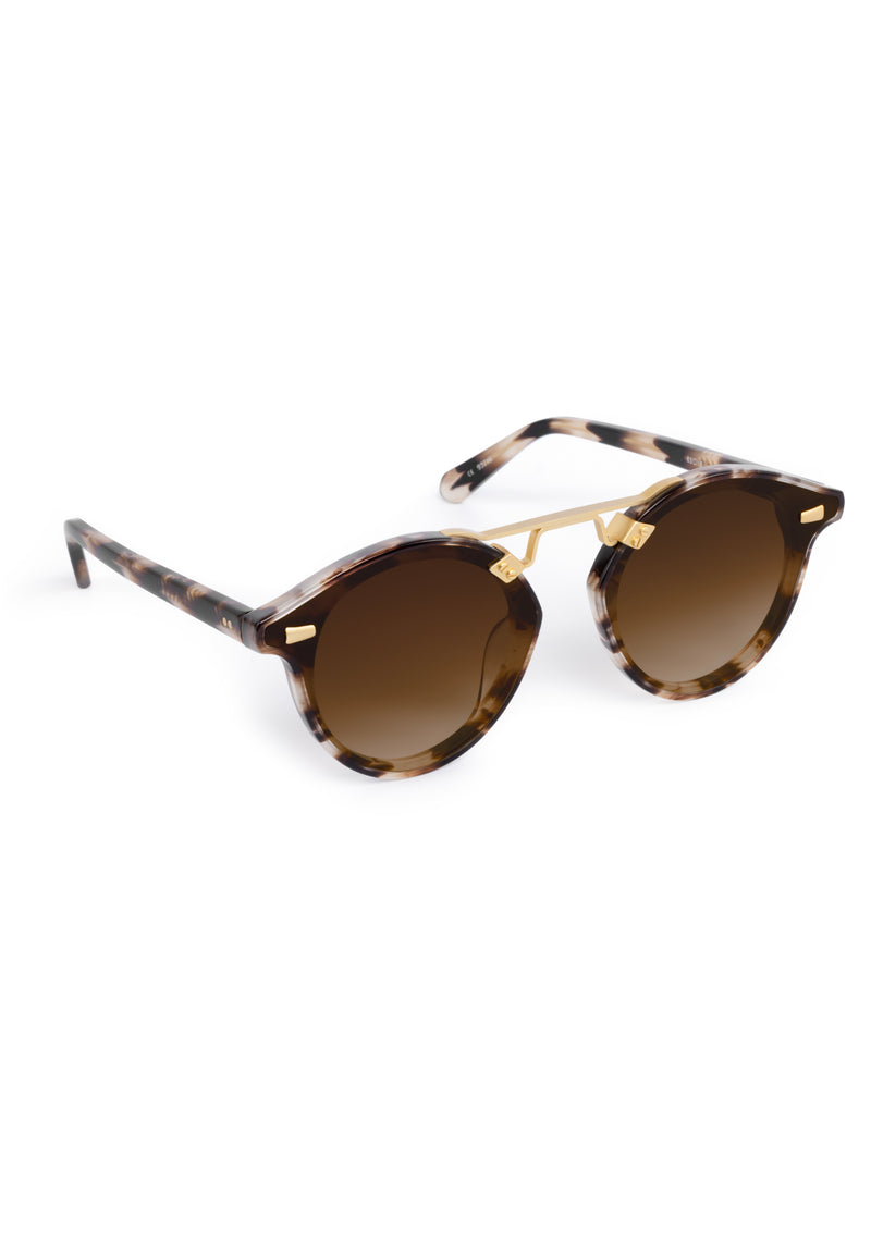 STL NYLON | Blonde Venezia 18K Handcrafted, luxury brown tortoise acetate round KREWE sunglasses with flat edge to edge nylon lens and 18k gold metal bridge